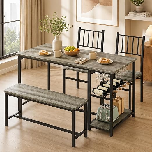 4-Person Dining Table Set with Bench, Wine Rack & Storage