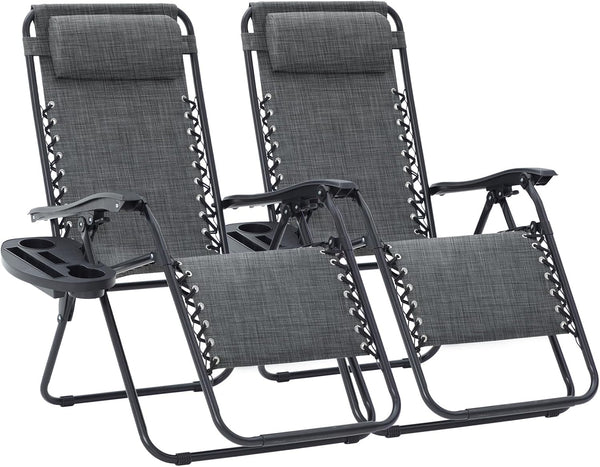 Oversized Zero Gravity Lounge Chairs Set of 2 with Pillows & Cup Holder Trays
