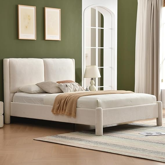 Upholstered Platform Bed Frame with Padded Headboard & Slatted Support