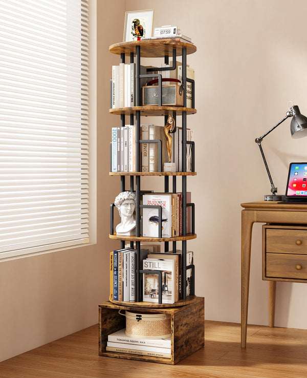 5-Tier Rotating Bookshelf with Storage Cabinet