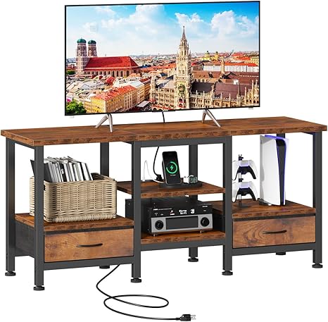 Wood TV Stand with Drawers & Charging Station
