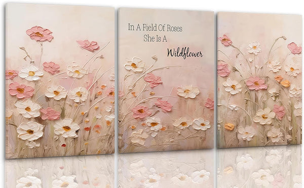 Pink Wildflower Canvas Wall Art Set of 3
