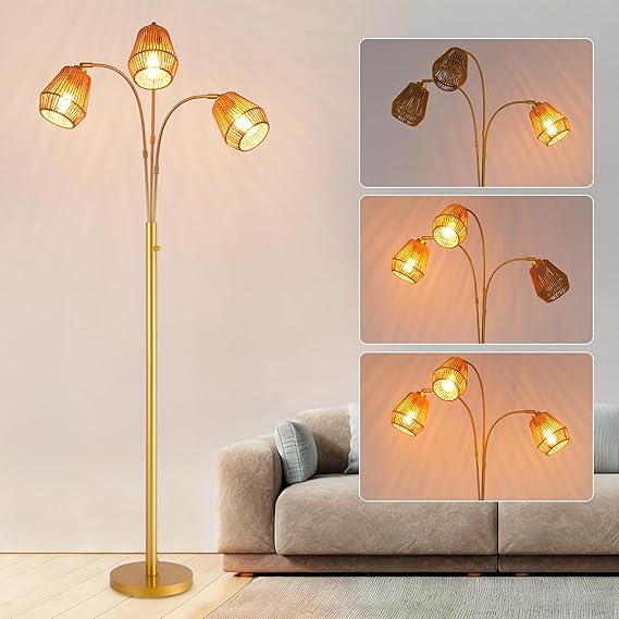 Arc Floor Lamp with Rattan Shades & Rotatable Arms