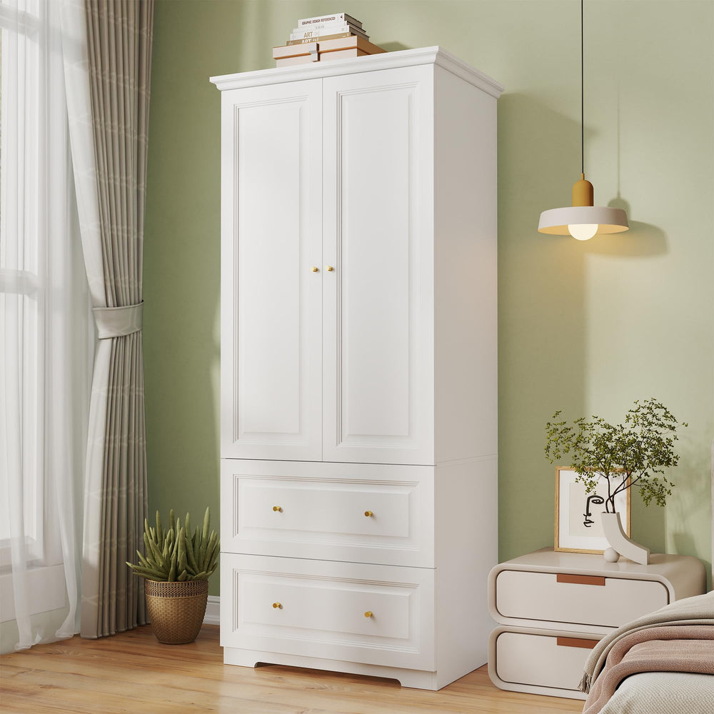 White Wardrobe Closet with Drawers, Hanging Rod & Shelves