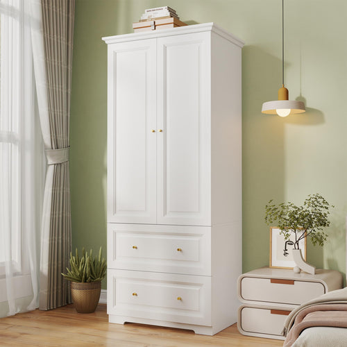 White Wardrobe Closet with Drawers, Hanging Rod & Shelves