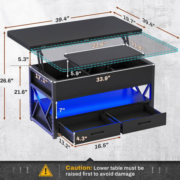 Lift Top Coffee Table with Storage & LED Light
