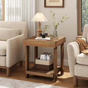 Solid Wood End Table Set of 2 with 2-Tier Storage