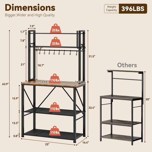 5-Tier Kitchen Baker's Rack with Storage, S-Hooks & Paper Towel Holder – Rustic Brown