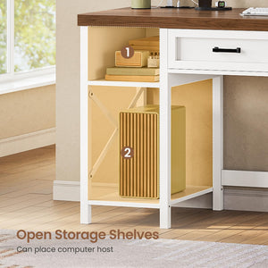 Small Desk with Drawers, Storage Shelves & Built-In Power Outlet