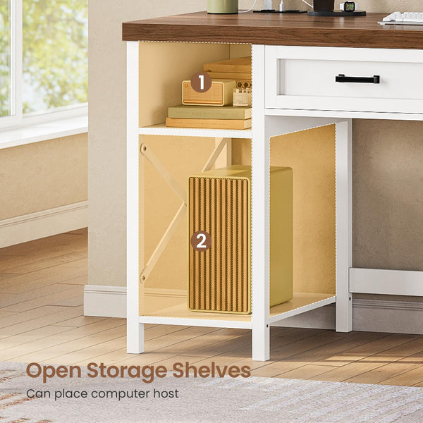 Small Desk with Drawers, Storage Shelves & Built-In Power Outlet