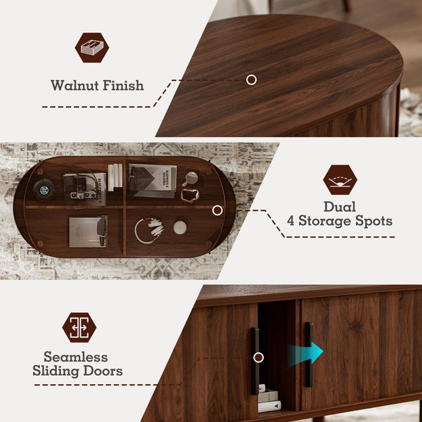 Oval Coffee Table with Sliding Door Cabinets