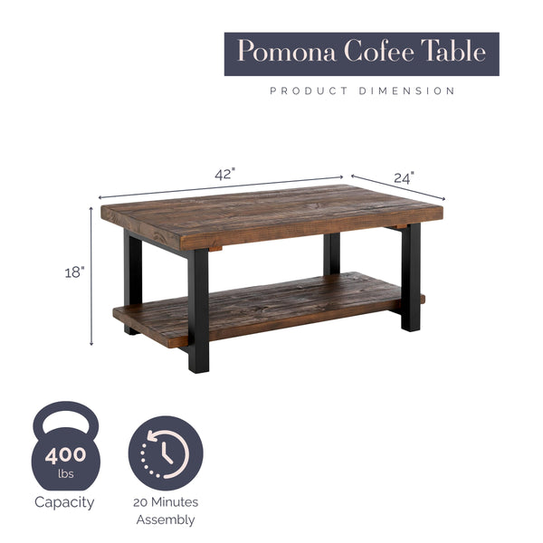 42-Inch Rectangular Solid Wood Coffee Table with Storage Shelf
