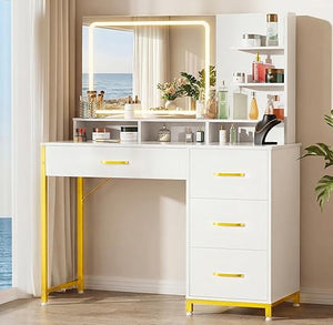 Lighted Makeup Vanity Table with Mirror, 4 Drawers & Storage Shelves