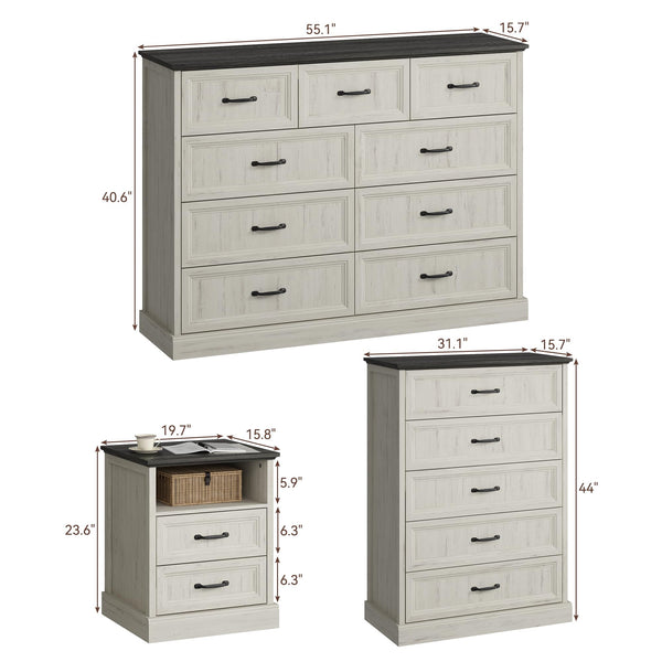 4-Piece Farmhouse Dresser & Nightstand Bedroom Set – 14 Drawers, White