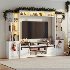 101" Wall Unit Entertainment Center with LED & Sliding Doors – White