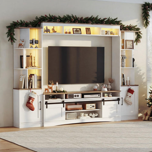 101" Wall Unit Entertainment Center with LED & Sliding Doors – White