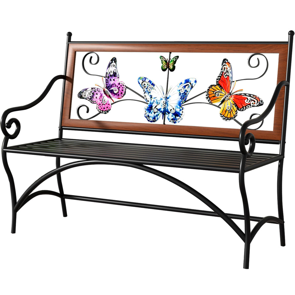 Outdoor Garden Bench with Armrest & Butterfly Pattern Backrest