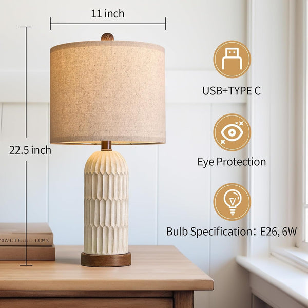 Farmhouse Bedside Table Lamps Set of 2 with USB Charging Ports