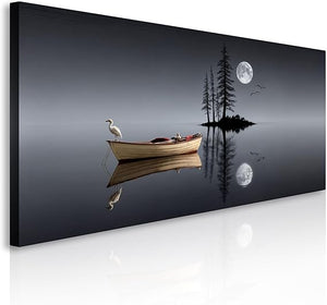 Moonlit Lake Canvas Wall Art – Night Landscape with Boat & Full Moon