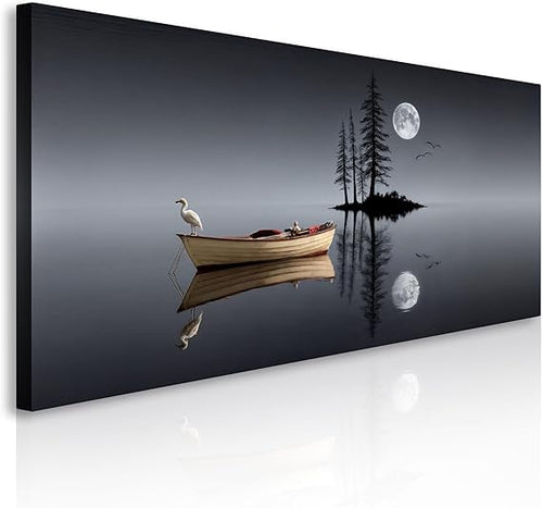 Moonlit Lake Canvas Wall Art – Night Landscape with Boat & Full Moon