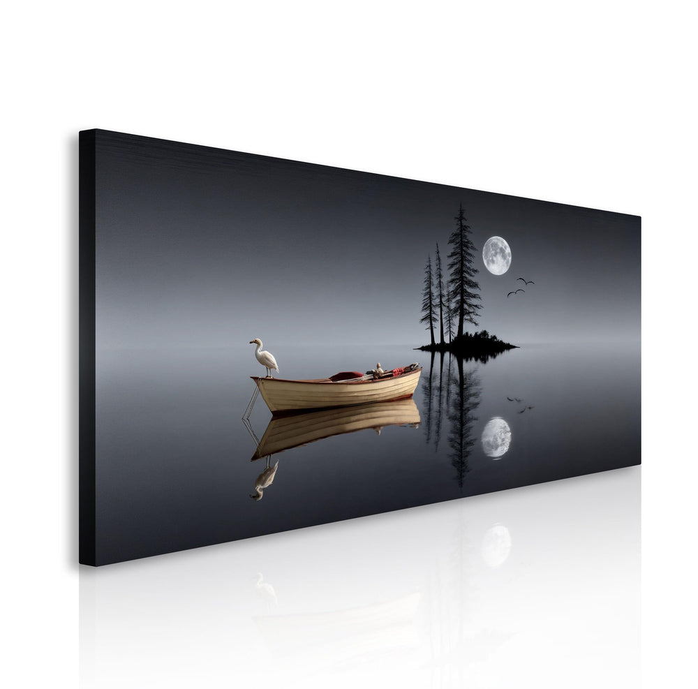 Moonlit Lake Canvas Wall Art – Night Landscape with Boat & Full Moon
