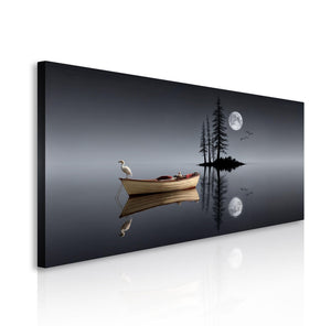 Moonlit Lake Canvas Wall Art – Night Landscape with Boat & Full Moon