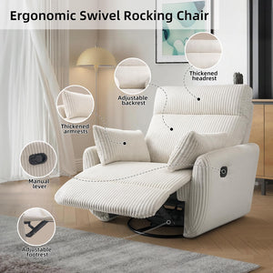 Corduroy Swivel Recliner Chair with Glider & 2 Pillows
