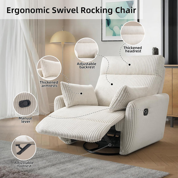 Corduroy Swivel Recliner Chair with Glider & 2 Pillows
