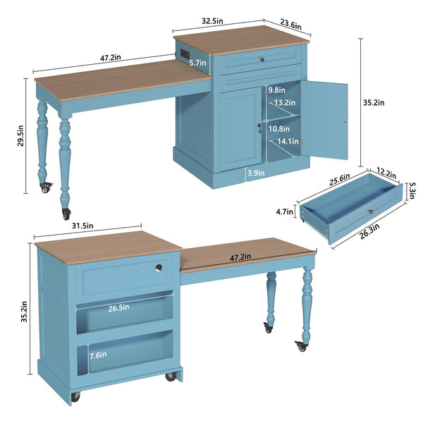 Extendable Kitchen Island with Charging Station & Storage