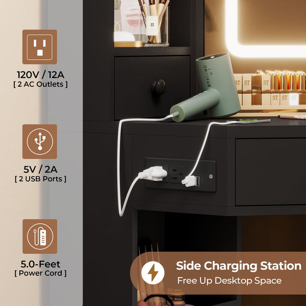 Corner Vanity Desk with LED Mirror, Rotating Cabinet & Power Outlet