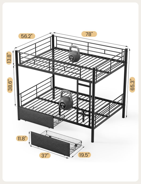 Full Over Full Bunk Bed with Storage Drawers – Separable Heavy Duty Metal Frame