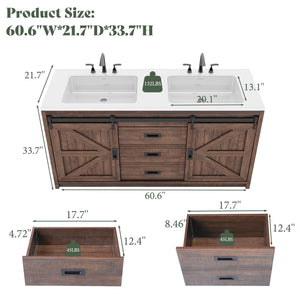 60" Farmhouse Bathroom Double Vanity with Integrated Sink & Sliding Barn Door
