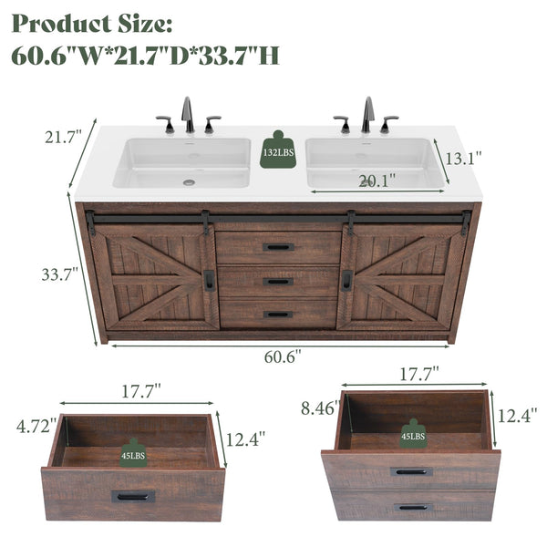60" Farmhouse Bathroom Double Vanity with Integrated Sink & Sliding Barn Door