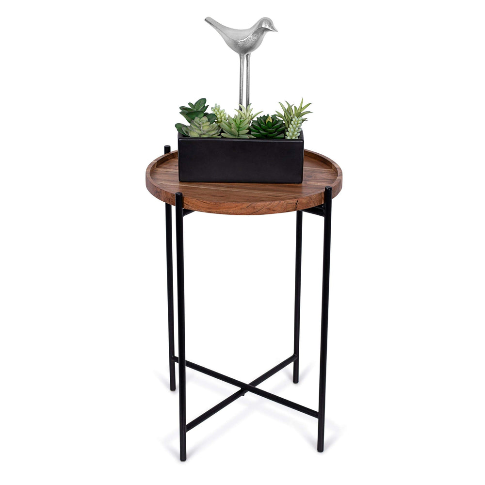 Folding Side Table with Removable Acacia Wood Tray