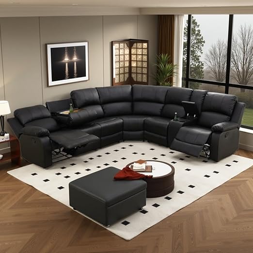 L-Shape Sectional Reclining Sofa Set with Drop-Down Table & Storage Console