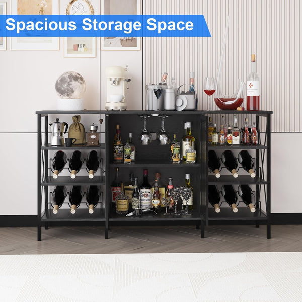 Rustic Wine Bar Cabinet with Wine Rack, Glass Holder & LED Light