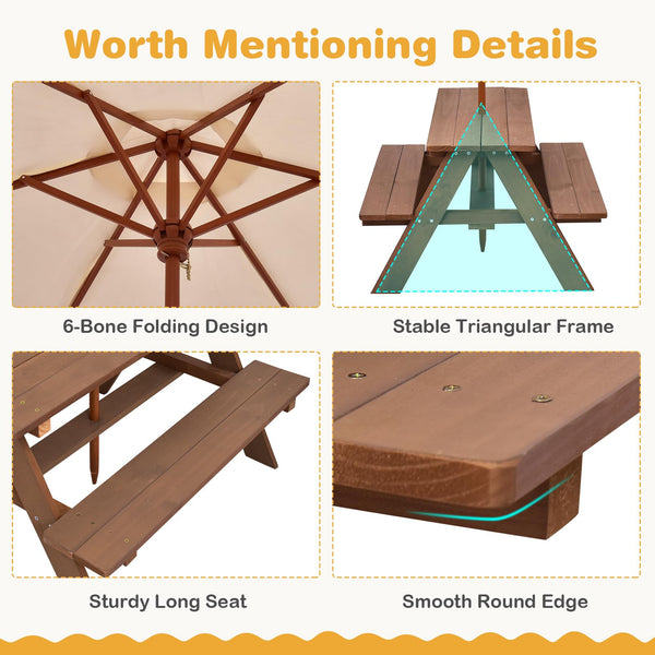Kids Outdoor Wooden Picnic Table Set with Umbrella
