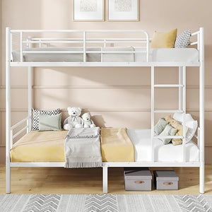 Twin Over Twin Metal Bunk Bed with Guardrails and Ladder