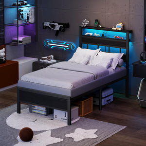 Platform Bed Frame with LED Lights & Charging Station