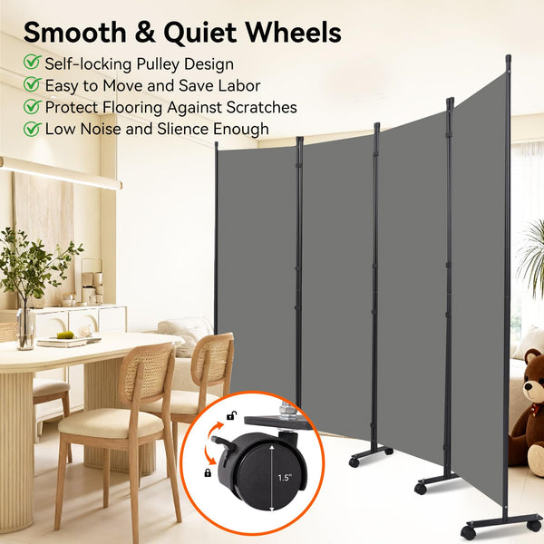 4-Panel Foldable Room Divider with Wheels