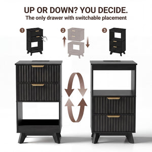 Tall Nightstand with Charging Station, Fluted Drawers & Storage Shelf