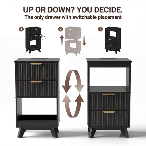 Tall Nightstand with Charging Station, Fluted Drawers & Storage Shelf