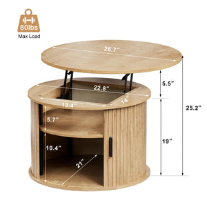 FABATO Round Lift Top Coffee Table, Fluted Wood Accent Coffee Table with Hidden Storage and Open Shelves, Drum Table with Sliding Rolling Door, Small Center Table Dining Table for Living Room, Wood