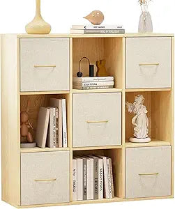 Cube Storage Organizer with Fabric Bins — Solid Wood Bookshelf
