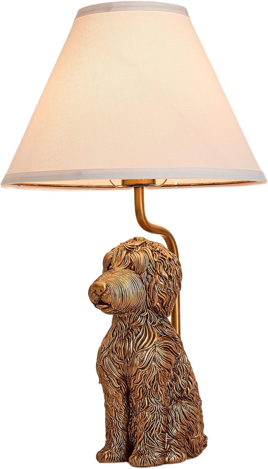 Resin Doodle Dog Table Lamp with Fabric Shade – Golden Sculptural Bedside Accent Light