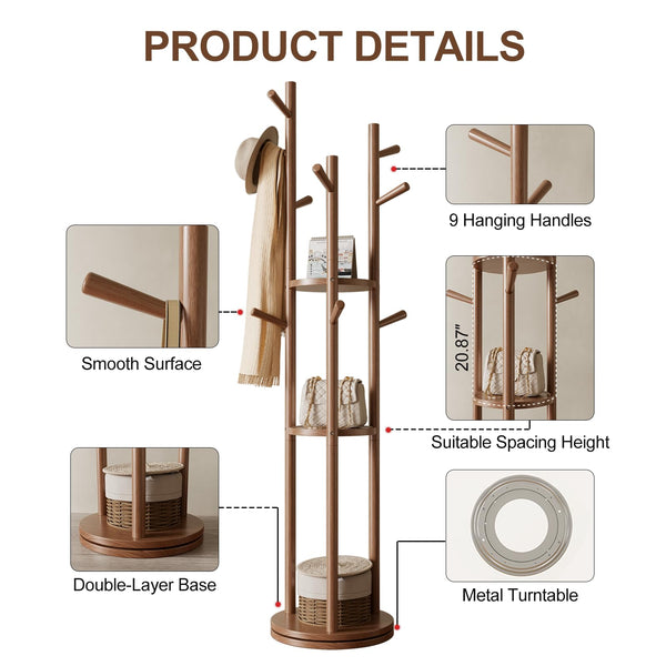 Rotating Wood Coat Rack with 3 Shelves and 9 Hooks