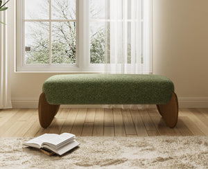 Bouclé Upholstered Bench with Scalloped Wooden Legs – 50 Inch