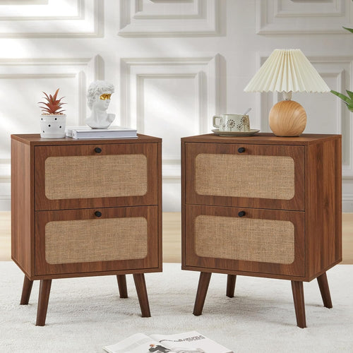 Mid-Century Nightstand Set of 2 with Drawers – Walnut