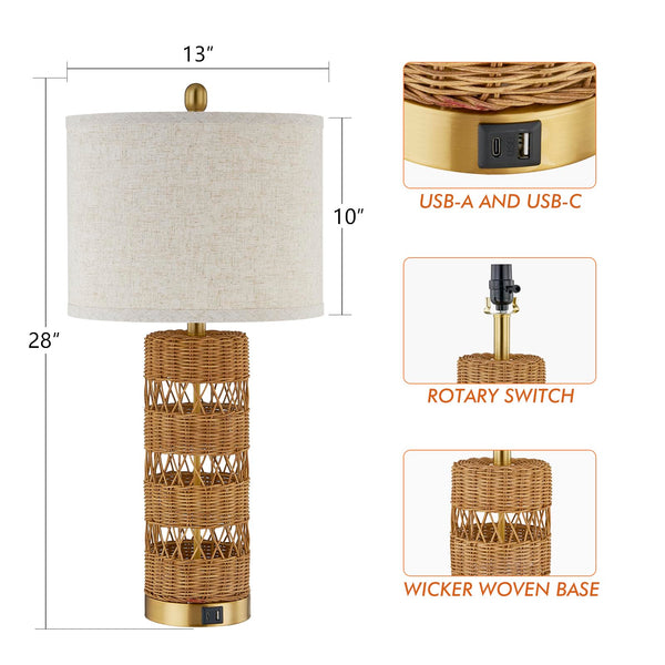 Rattan Table Lamp Set of 2 with USB Charging Ports – 28" Rustic Bedside Lamp