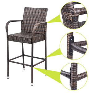 Outdoor Wicker Bar Stool Set with Footrest & Armrest (Set of 2, Brown)